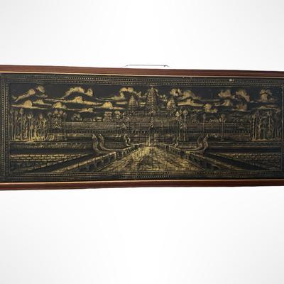 Large Angkor Wat Temple Rubbing Framed in Teak, Cambodia, 1970s, Panoramic Wall Art