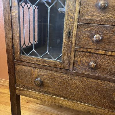 GORGEOUS ANTIQUE TIGER OAK, QUARTER-SAWN, MIRRORED BACK SIDEBOARD OR BUFFET WITH LEADED GLASS DOORS
