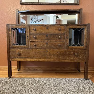 GORGEOUS ANTIQUE TIGER OAK, QUARTER-SAWN, MIRRORED BACK SIDEBOARD OR BUFFET WITH LEADED GLASS DOORS