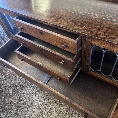 GORGEOUS ANTIQUE TIGER OAK, QUARTER-SAWN, MIRRORED BACK SIDEBOARD OR BUFFET WITH LEADED GLASS DOORS