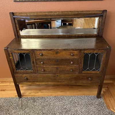 GORGEOUS ANTIQUE TIGER OAK, QUARTER-SAWN, MIRRORED BACK SIDEBOARD OR BUFFET WITH LEADED GLASS DOORS