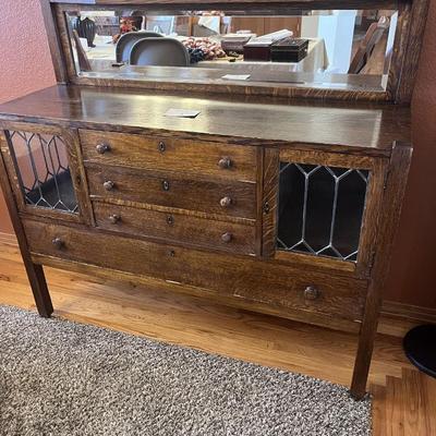 GORGEOUS ANTIQUE TIGER OAK, QUARTER-SAWN, MIRRORED BACK SIDEBOARD OR BUFFET WITH LEADED GLASS DOORS
