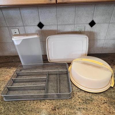 KITCHEN DRAWER METAL ORGANIZER, TUPPERWARE CAKE HOLDER AND MORE