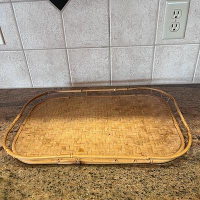 WEAVED SERVING TRAY, GLASS PITCHER, COMPOTE AND 3 GLASS CONDIMENT DISHES WITH GLASS SPOONS