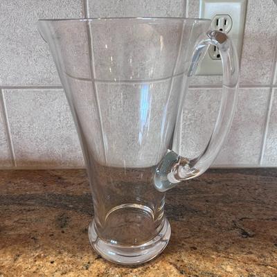 WEAVED SERVING TRAY, GLASS PITCHER, COMPOTE AND 3 GLASS CONDIMENT DISHES WITH GLASS SPOONS