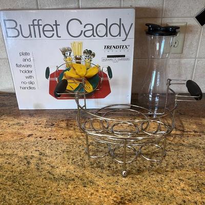 BUFFET CADDY, 2 PLASTIC PITCHERS & PLASTIC CUPS