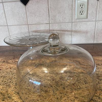 GLASS CAKE PLATE WITH DOME LID AND A GLASS KNIFE