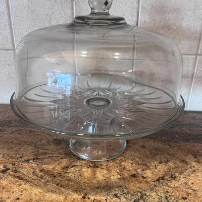 GLASS CAKE PLATE WITH DOME LID AND A GLASS KNIFE