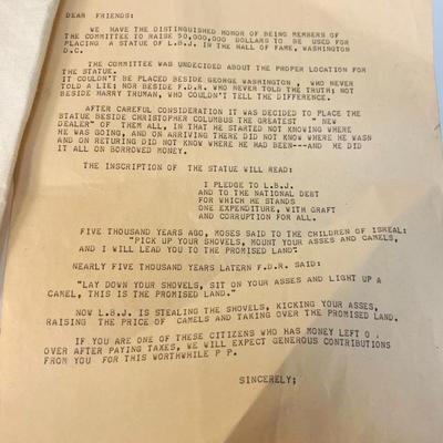 "ALL THE WAY WITH LBJ" LYNDON B JOHNSON 36th PRESIDENT COTTON BAG AND LETTER