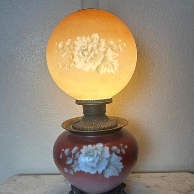 Vintage Electrified Parlor Lamp with Hand-Painted Floral Glass