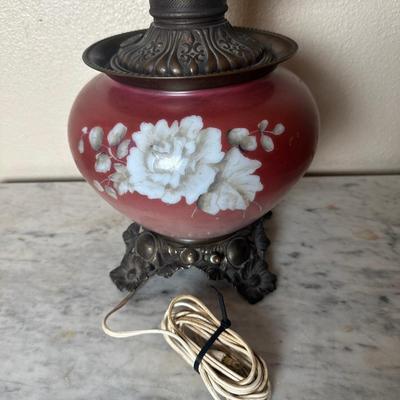 Vintage Electrified Parlor Lamp with Hand-Painted Floral Glass