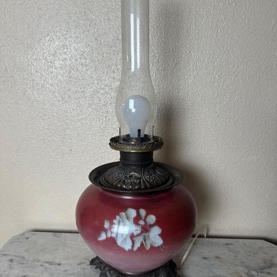 Vintage Electrified Parlor Lamp with Hand-Painted Floral Glass