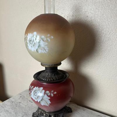 Vintage Electrified Parlor Lamp with Hand-Painted Floral Glass