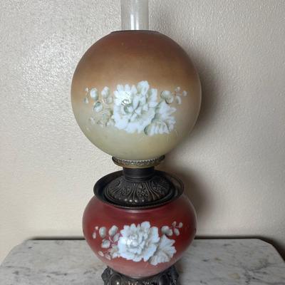 Vintage Electrified Parlor Lamp with Hand-Painted Floral Glass