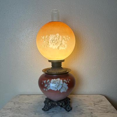 Vintage Electrified Parlor Lamp with Hand-Painted Floral Glass