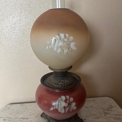 Vintage Electrified Parlor Lamp with Hand-Painted Floral Glass
