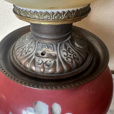 Vintage Electrified Parlor Lamp with Hand-Painted Floral Glass