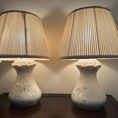 Pair of Belleek Irish Porcelain Table Lamps with Shamrock Decoration