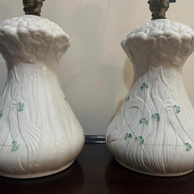Pair of Belleek Irish Porcelain Table Lamps with Shamrock Decoration