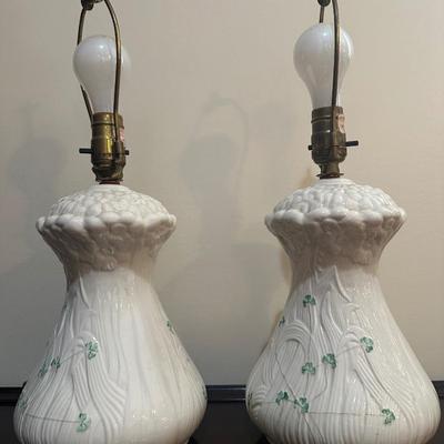 Pair of Belleek Irish Porcelain Table Lamps with Shamrock Decoration