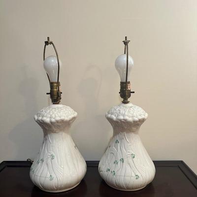 Pair of Belleek Irish Porcelain Table Lamps with Shamrock Decoration