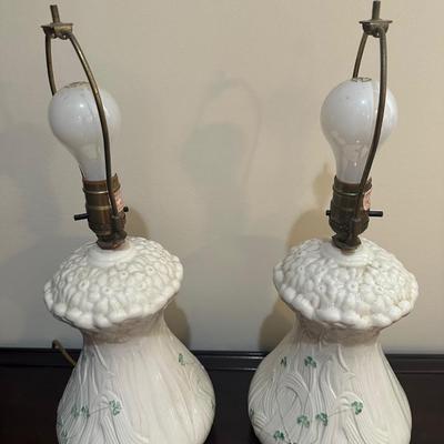 Pair of Belleek Irish Porcelain Table Lamps with Shamrock Decoration