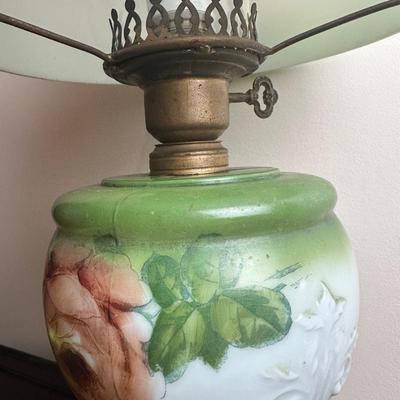 Vintage Electrified Parlor Lamp with Hand-Painted Glass Shade