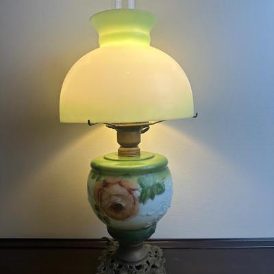 Vintage Electrified Parlor Lamp with Hand-Painted Glass Shade