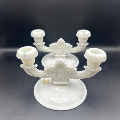 Pair of Vintage Milk Glass Two-Light Candle Holders
