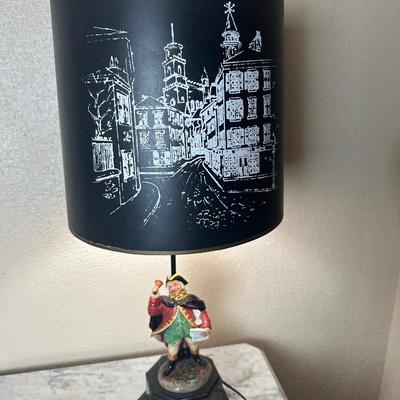 Figural Town Crier Table Lamp with Decorative Black Shade