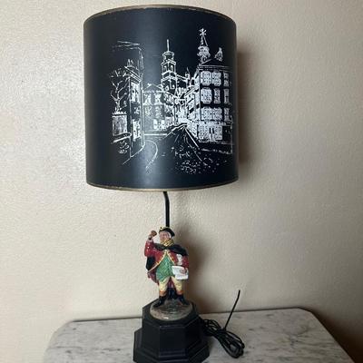 Figural Town Crier Table Lamp with Decorative Black Shade