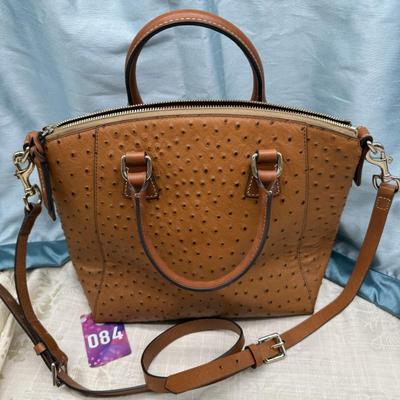 Sale Photo Thumbnail #120: Ostrich embossed leather
Detachable should strap
used, like new
11 x 10 inches 
1 interior zipper pocket, 3 interior slot pockets, 3 handles