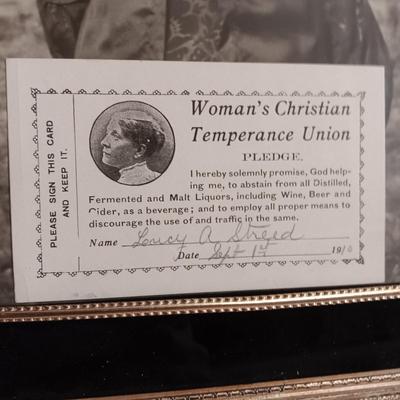 ANTIQUE GRAVE MARKER AND A MEMBER OF THE WOMAN'S CHRISTIAN TEMPERANCE UNION