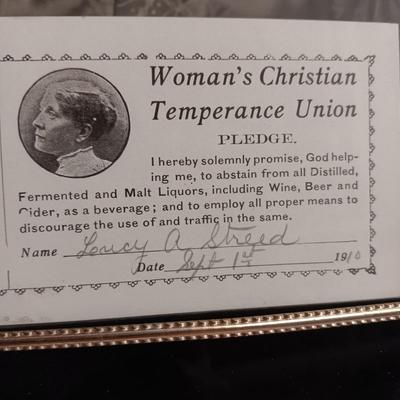 ANTIQUE GRAVE MARKER AND A MEMBER OF THE WOMAN'S CHRISTIAN TEMPERANCE UNION