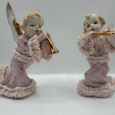 Pair of Irish Dresden Hand-Painted Porcelain Angel Figurines