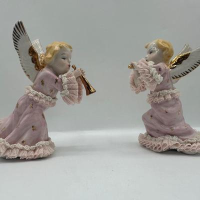 Pair of Irish Dresden Hand-Painted Porcelain Angel Figurines