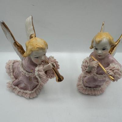 Pair of Irish Dresden Hand-Painted Porcelain Angel Figurines