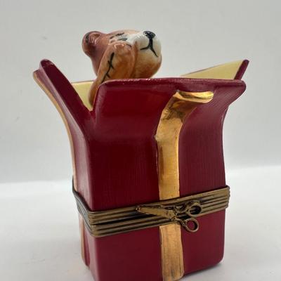 Limoges France Hand-Painted Teddy Bear in Gift Box Trinket Box