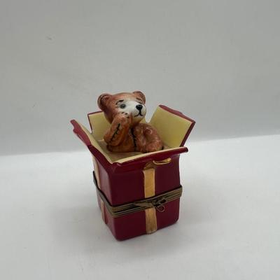 Limoges France Hand-Painted Teddy Bear in Gift Box Trinket Box