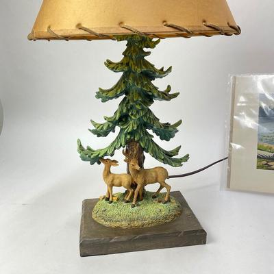 292 Decorative Forest Lamp with Deer, Antique Print of Adirondack Deer