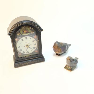 296 Two Homemade Ceramic Birds with Small English Clock