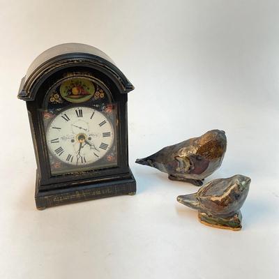296 Two Homemade Ceramic Birds with Small English Clock