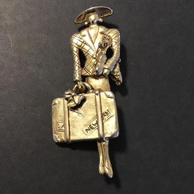 Sale Photo Thumbnail #207: Very nice vintage gold tone traveling lady with poodle brooch please see attached photos