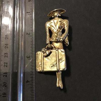 Sale Photo Thumbnail #208: Very nice vintage gold tone traveling lady with poodle brooch please see attached photos