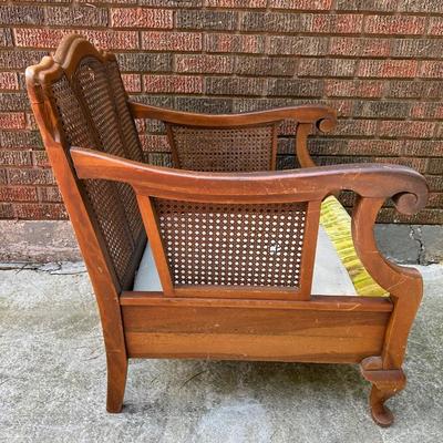 Vintage Wood & Cane Armchair w/ Mustard Velvet Cushion