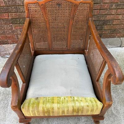 Vintage Wood & Cane Armchair w/ Mustard Velvet Cushion