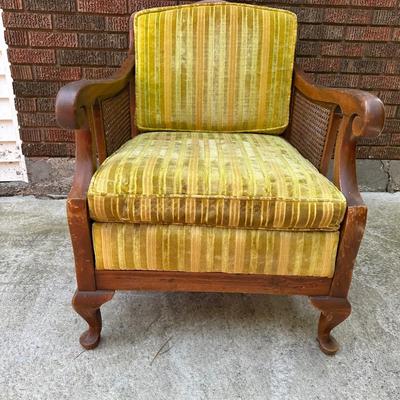 Vintage Wood & Cane Armchair w/ Mustard Velvet Cushion