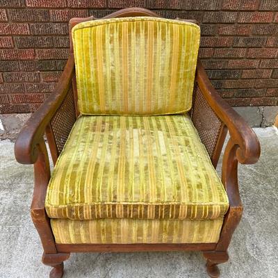 Vintage Wood & Cane Armchair w/ Mustard Velvet Cushion
