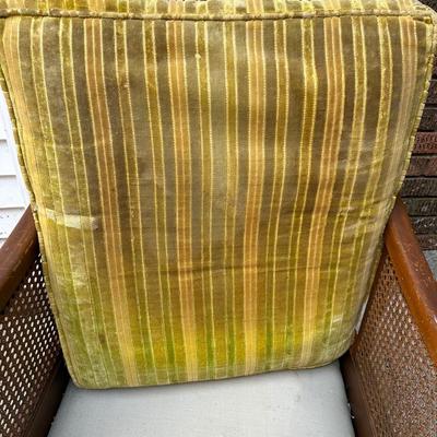 Vintage Wood & Cane Armchair w/ Mustard Velvet Cushion