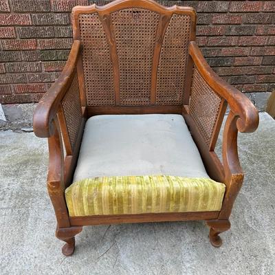 Vintage Wood & Cane Armchair w/ Mustard Velvet Cushion